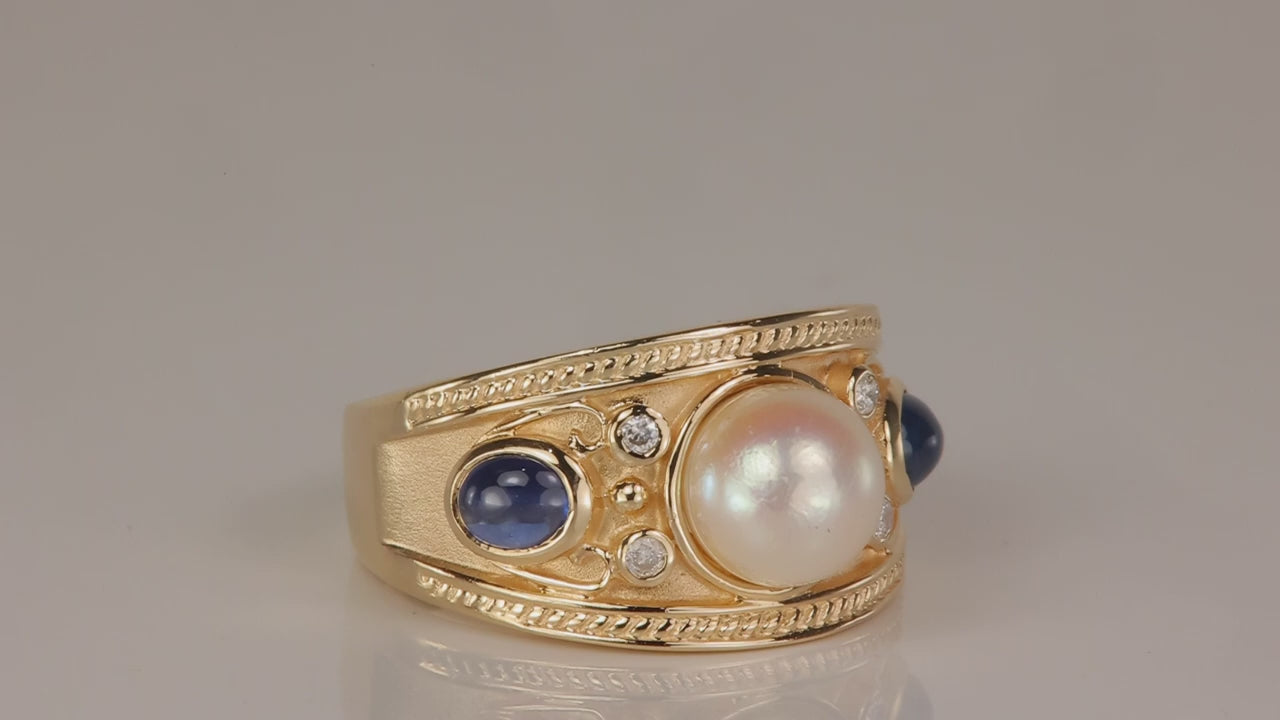 14K Yellow Gold Pearl, Star Sapphire, and Diamond Accent Ring