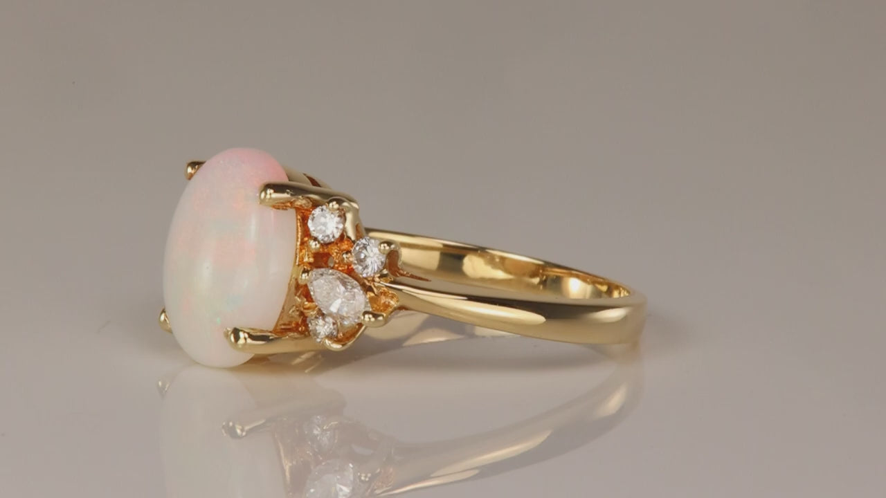 14K Yellow Gold Oval Cabochon Opal and Diamond Ring 2cts