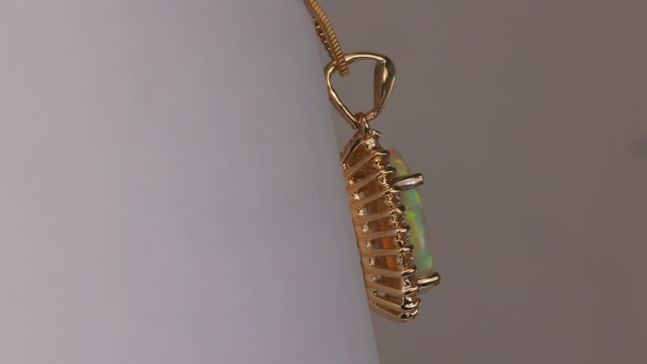 14K Yellow Gold Pear Shape Opal and Diamond Accent Pendant 1ct