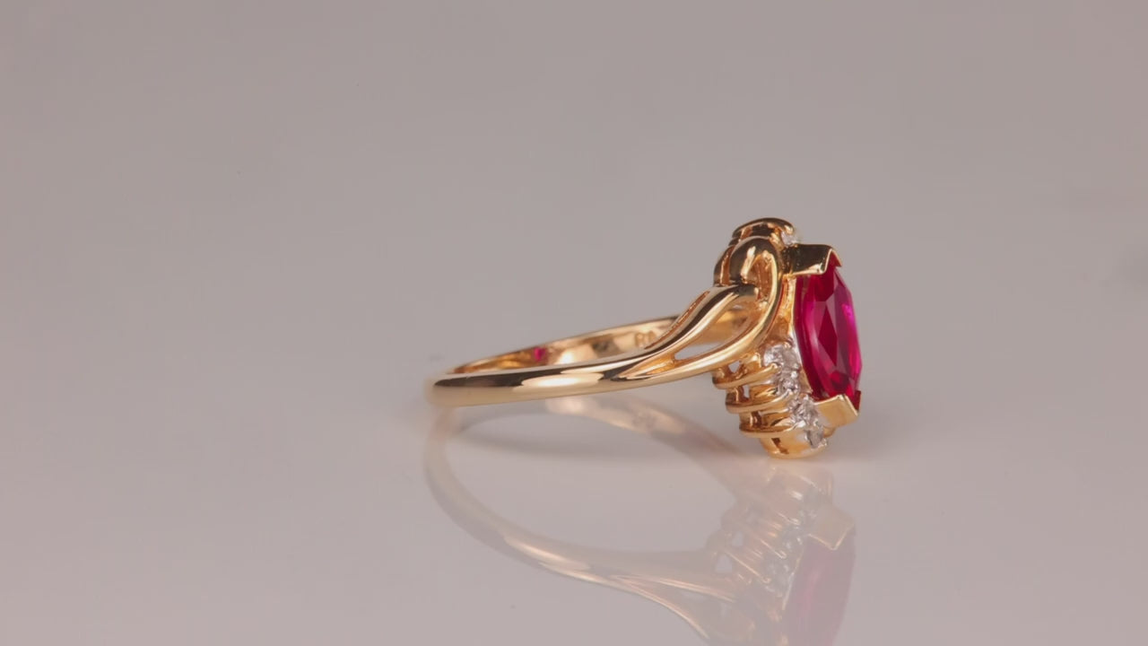 14K Yellow Gold Marquise Cut Synthetic Ruby and Diamond Ring
