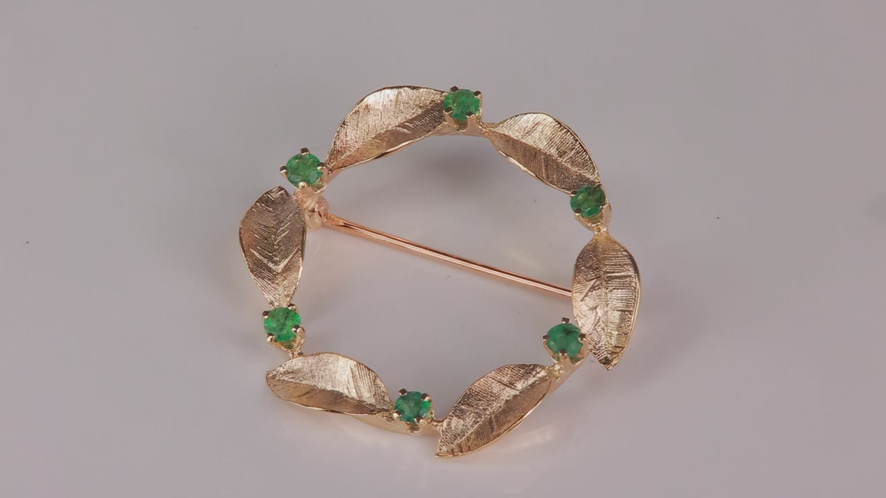 14K Yellow Gold Leaf Wreath Pin With Emeralds .42cts