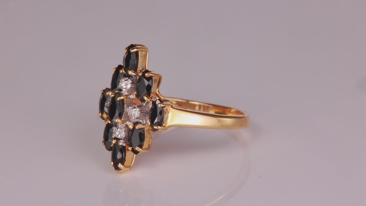 10K Yellow Gold Marquise Cut Onyx and Diamond Ring