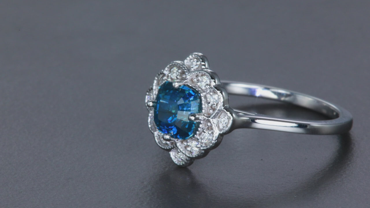 14K White Gold Blue Step Cushion Montana Sapphire and Diamond Ring 1.61 Carats