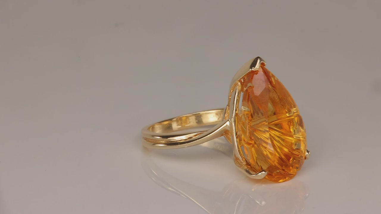 14K Yellow Gold Pear Shape Fantasy Cut Citrine Ring 9cts