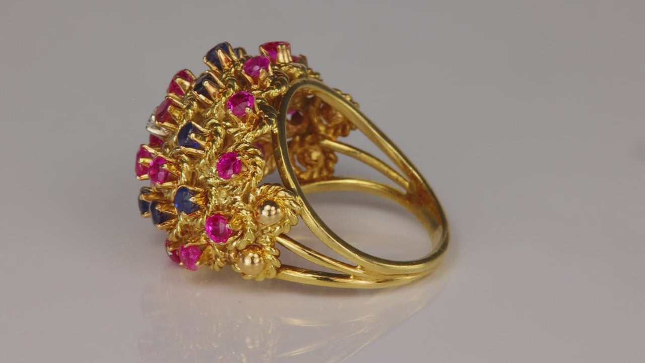 18K Yellow Gold Ruby Sapphire and Diamond Ring