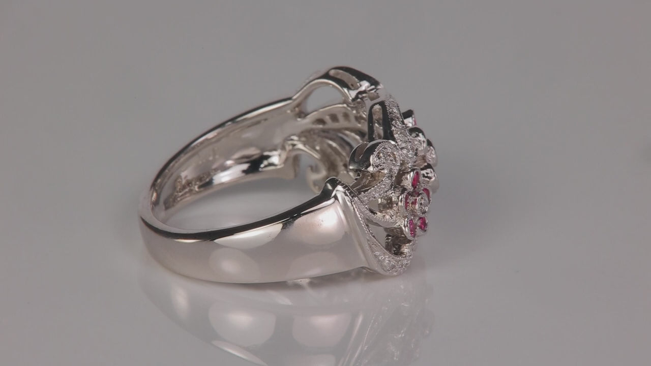 18K White Gold Pink Sapphire and Diamond Flower Ring .30cts