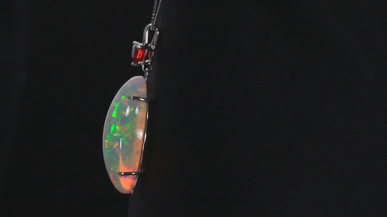 14K White Gold Cabochon Opal Pendant with Trilliant Spinel 18.65 Carats