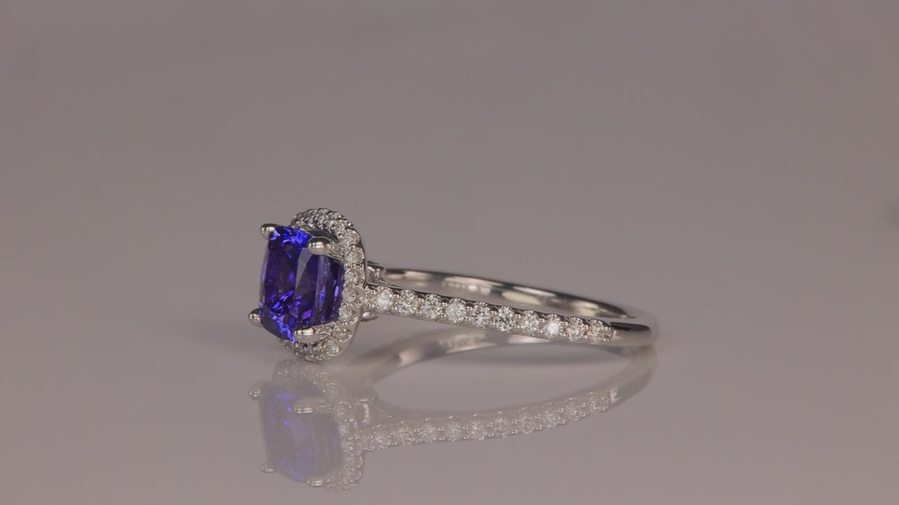 15% OFF IN CART | 14K White Gold Square Cushion Tanzanite and Diamond Ring 1.85cts