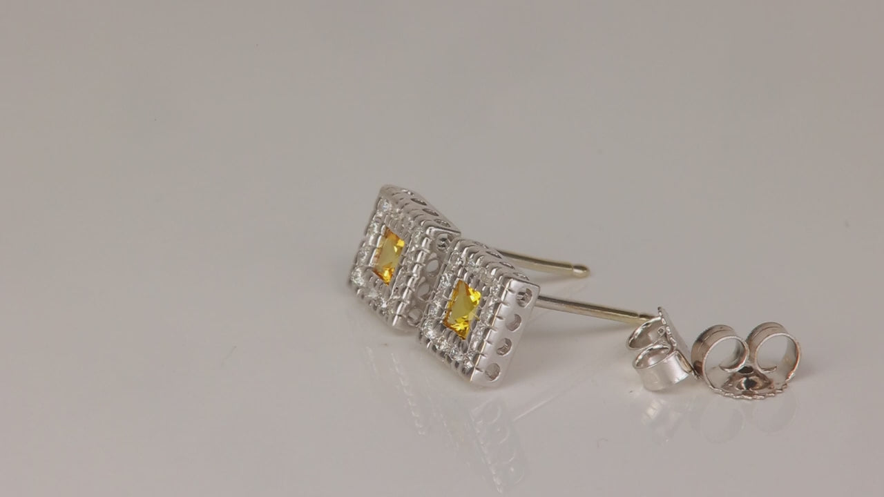 14K White Gold Synthetic Yellow Sapphire and Diamond Stud Earrings
