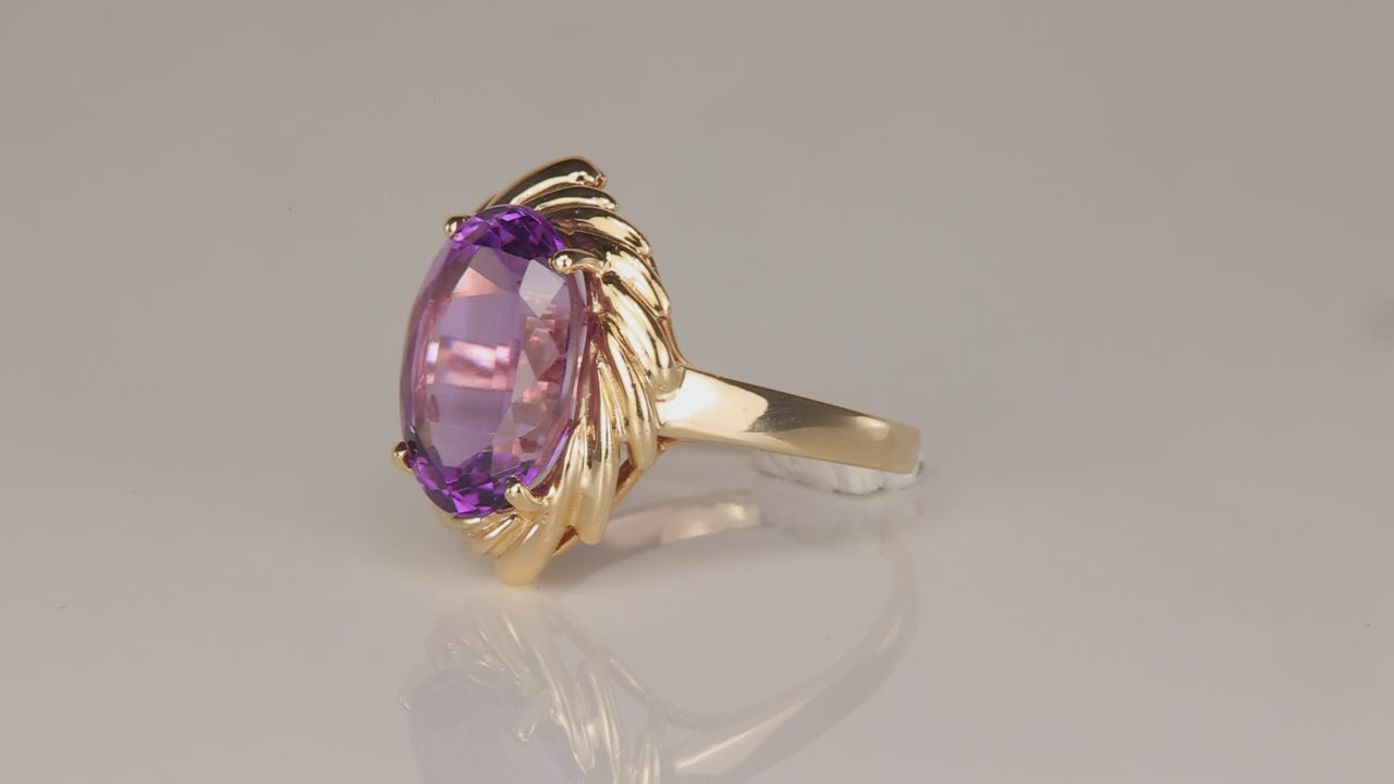 14K Yellow Gold Oval Cut Amethyst Ring 4cts