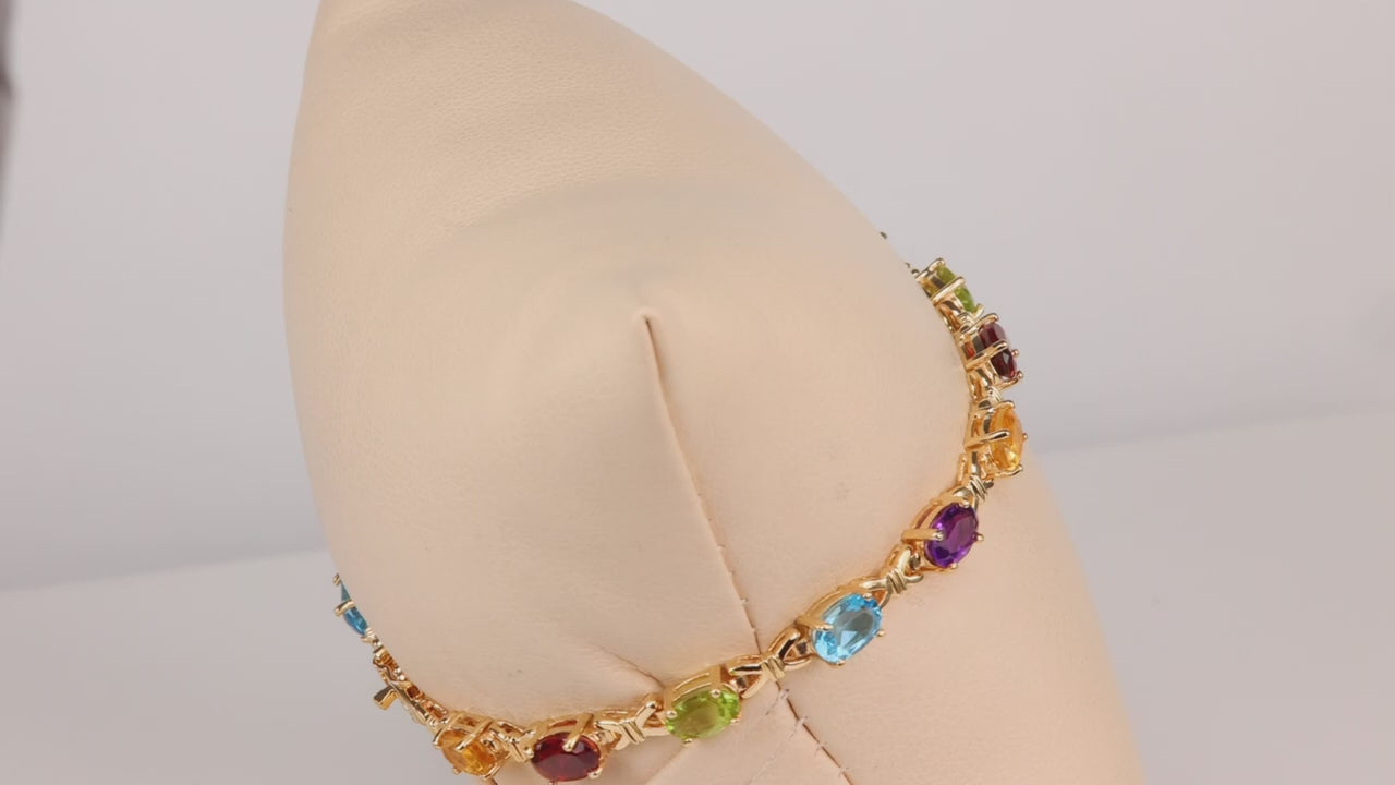14K Yellow Gold Oval Cut Multi Gemstone Bracelet 7"