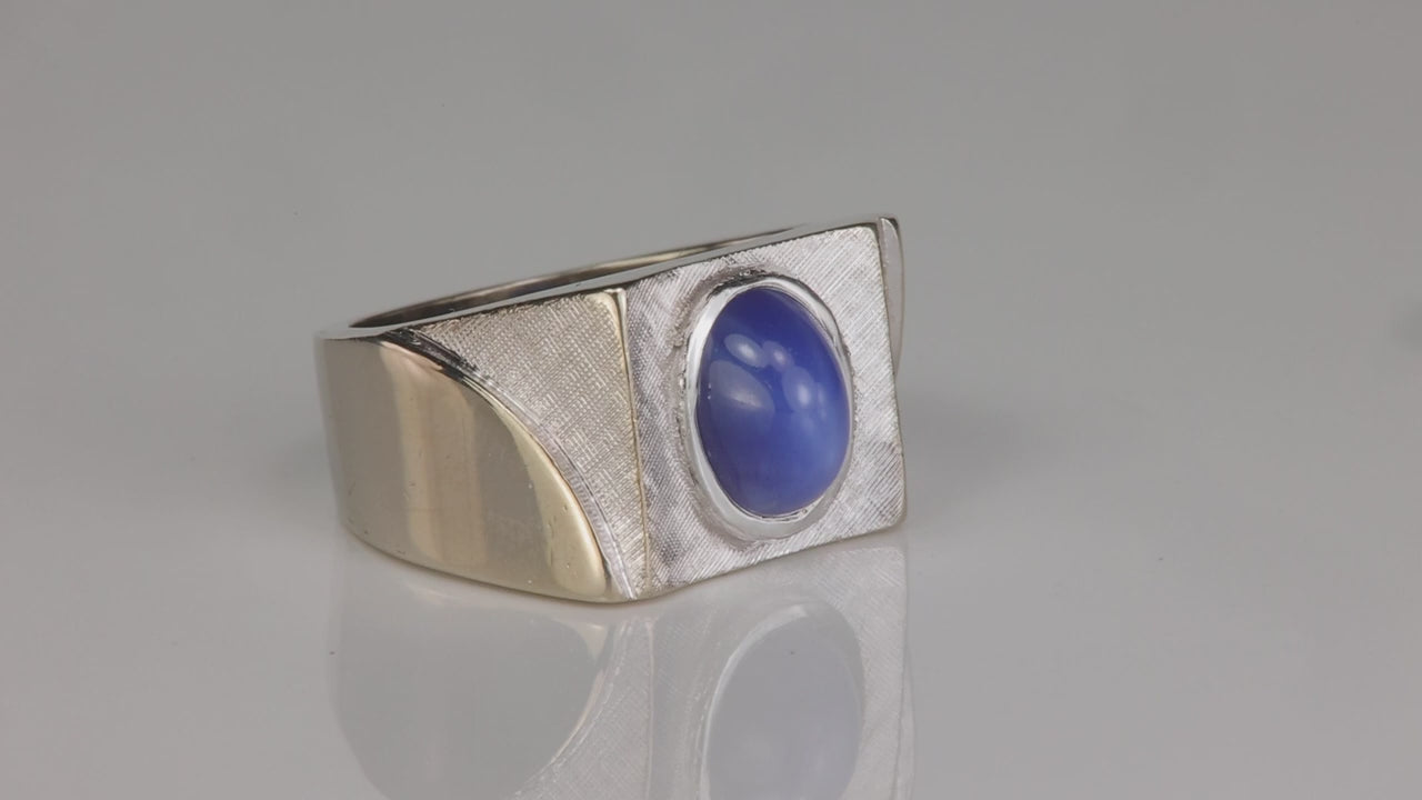 10K White Gold Florentine Finished Synthetic Star Sapphire Ring
