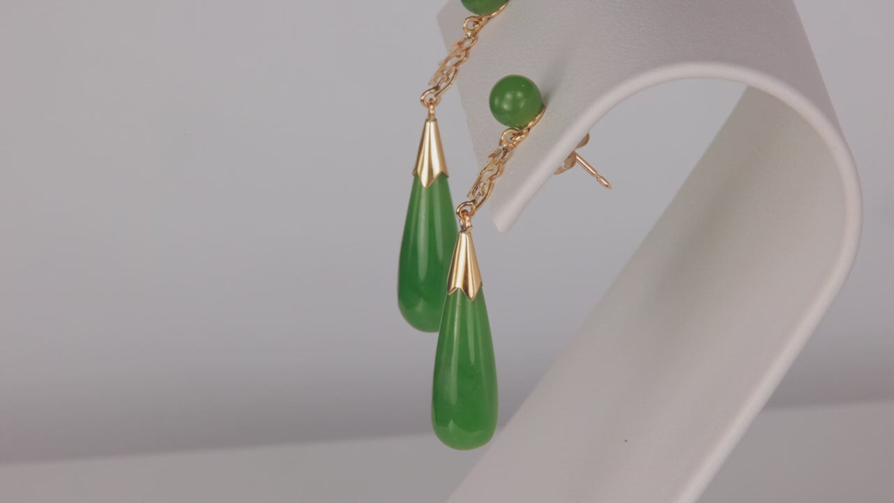 14K Yellow Gold Nephrite Jade Drop Earrings