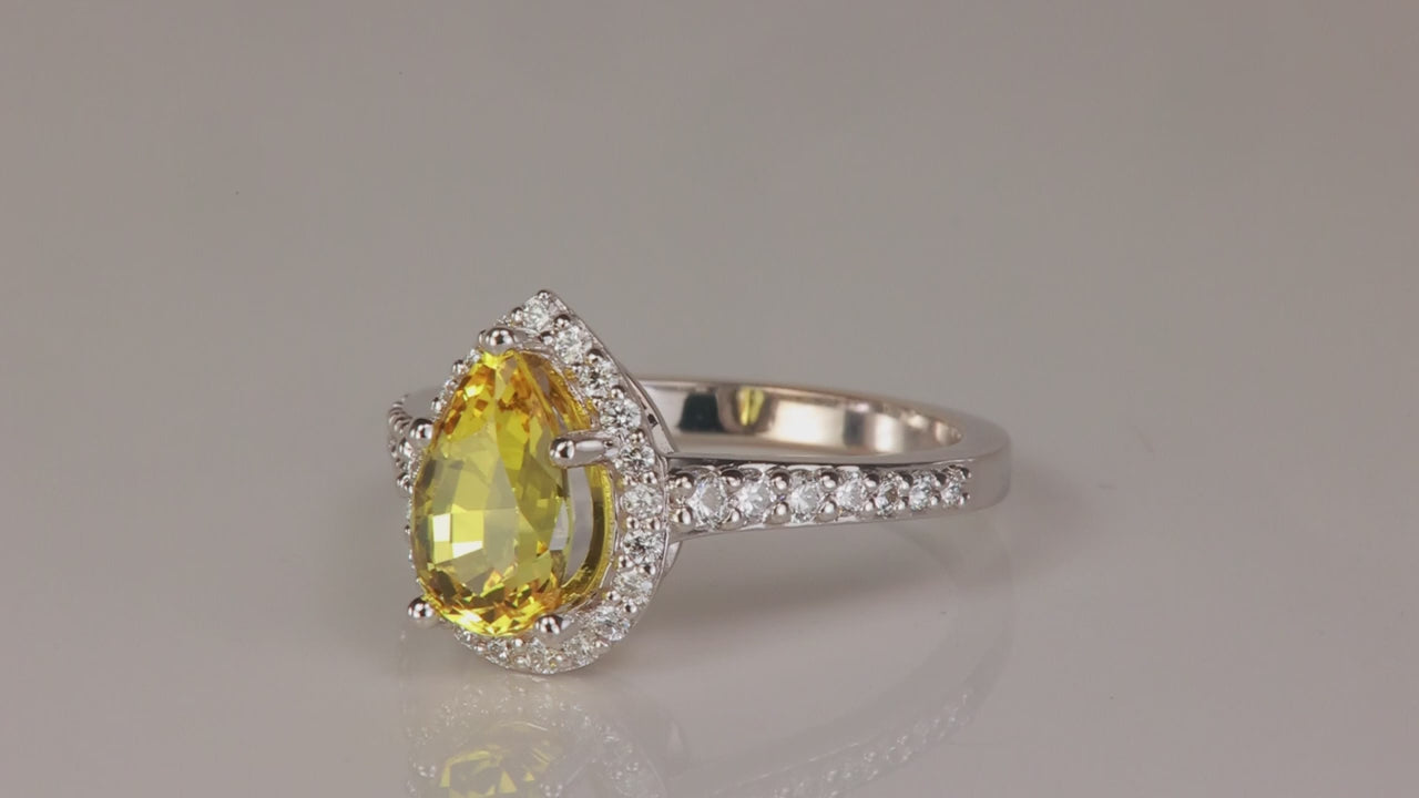 14K White Gold Pear Shape Brilliant Cut Yellow Sapphire and Diamond Ring 2.41cts