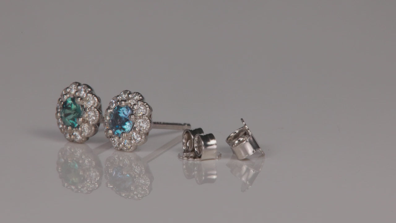 14K White Gold Alexandrite And Diamond Halo Stud Earrings