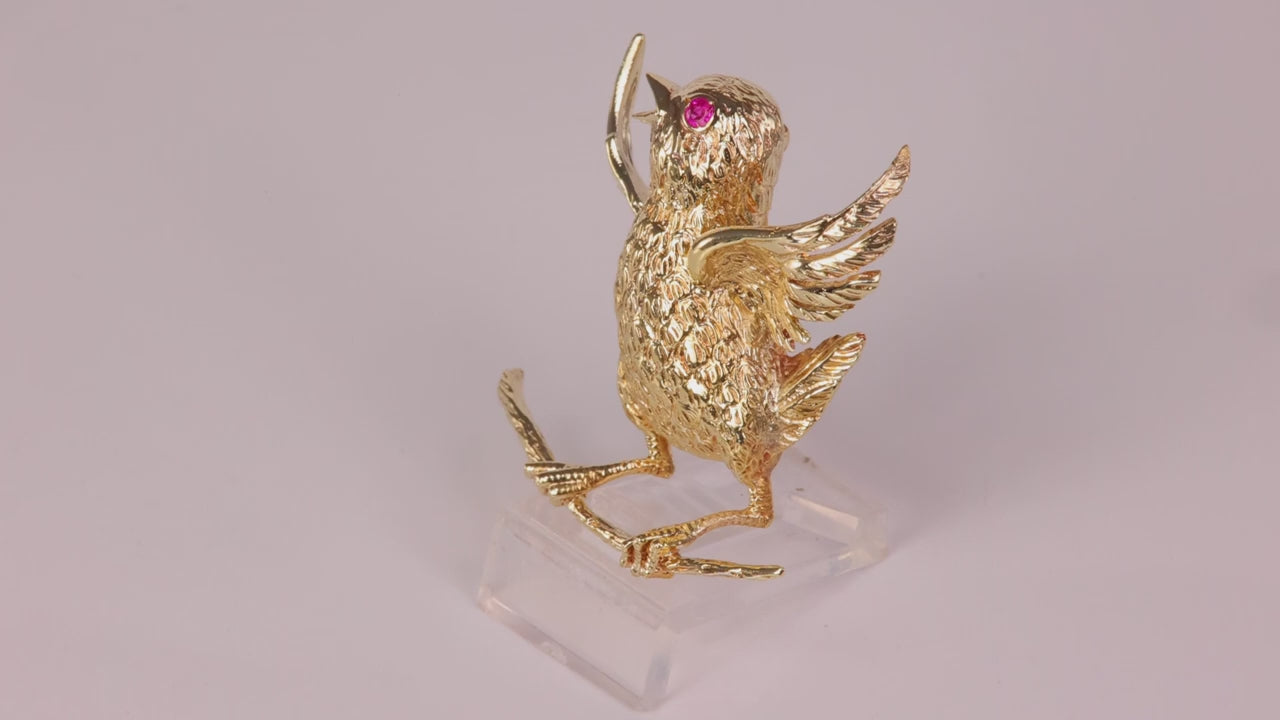 14K Yellow Gold Bird Pin With Ruby