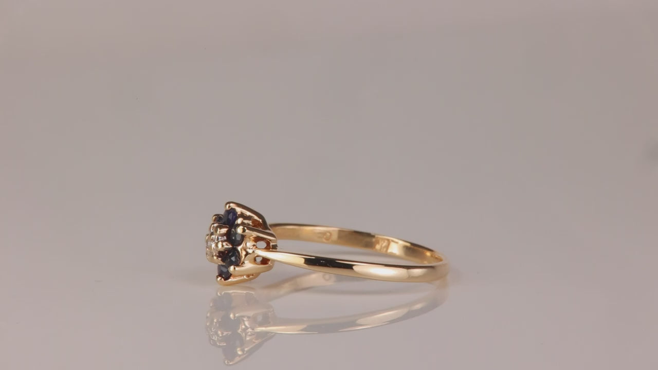 10K Yellow Gold Sapphire and Diamond Accent Flower Ring .18cts