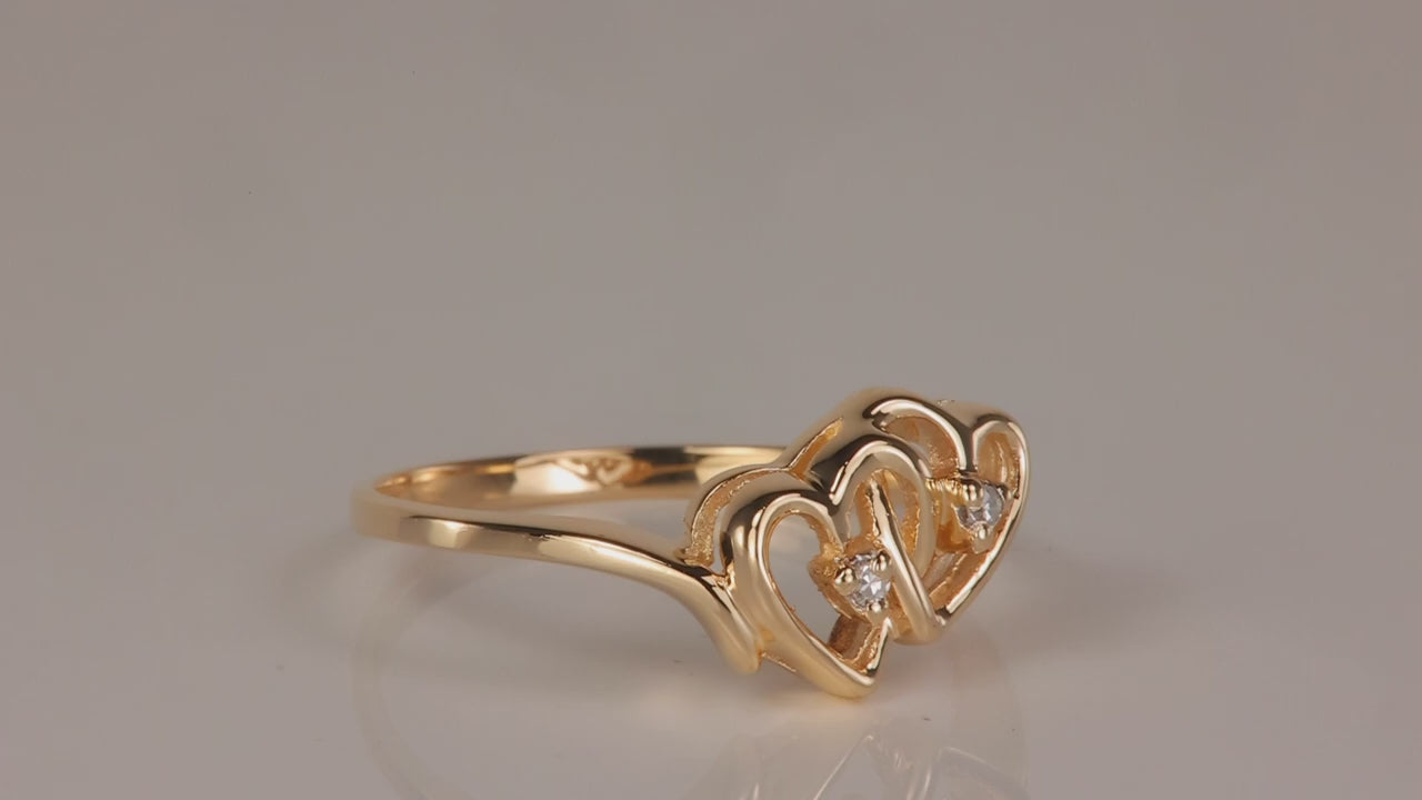 10K Yellow Gold Double Hearts Diamond Accented Ring