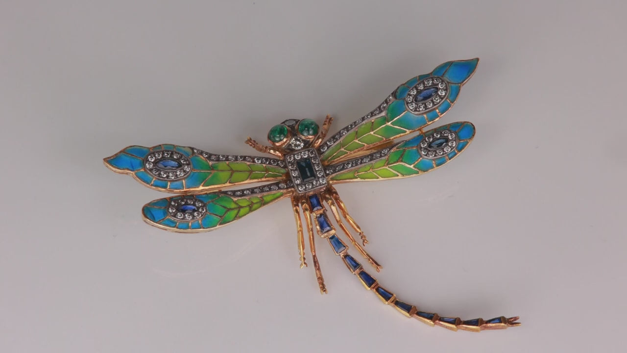 18K Yellow Gold Sapphire Plique à Jour Dragonfly Brooch