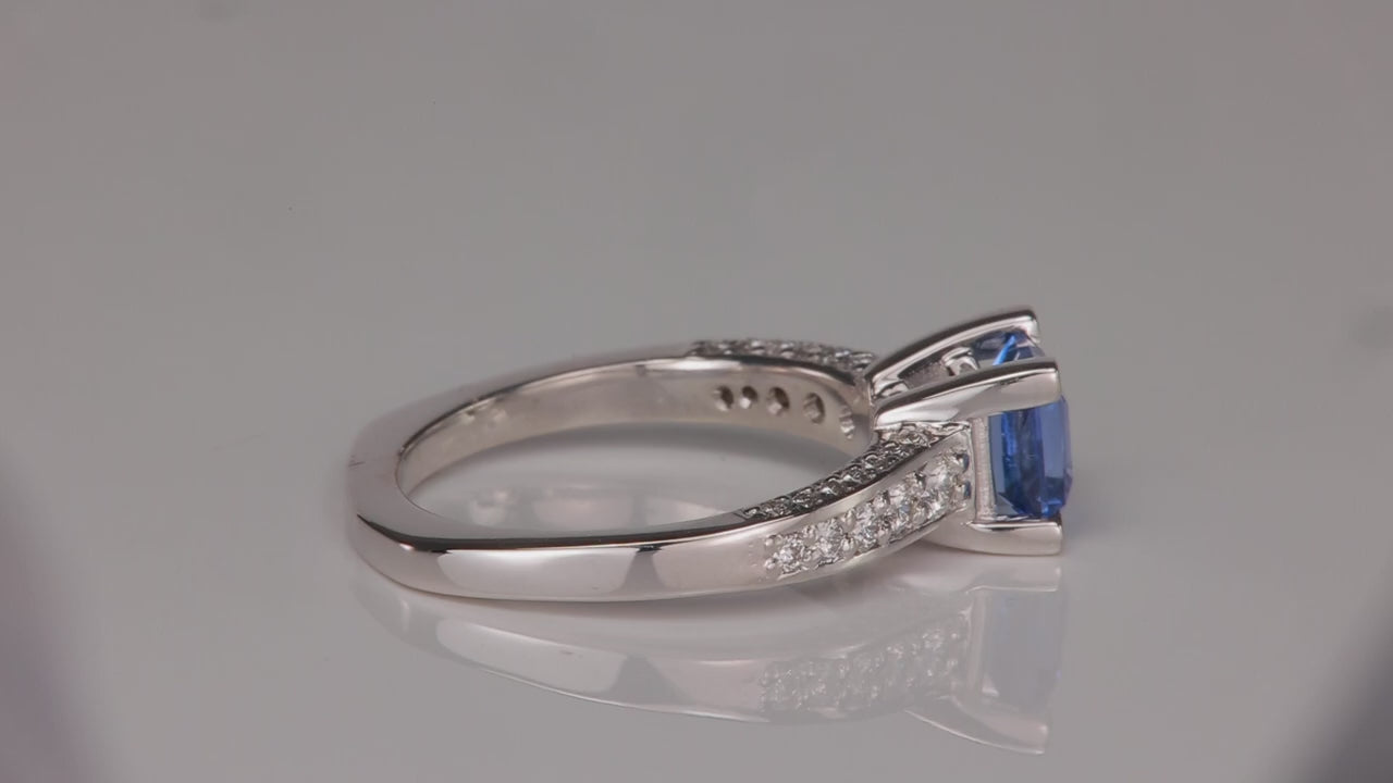 14K White Gold Square Barion Sapphire and Diamond Ring 1.33cts