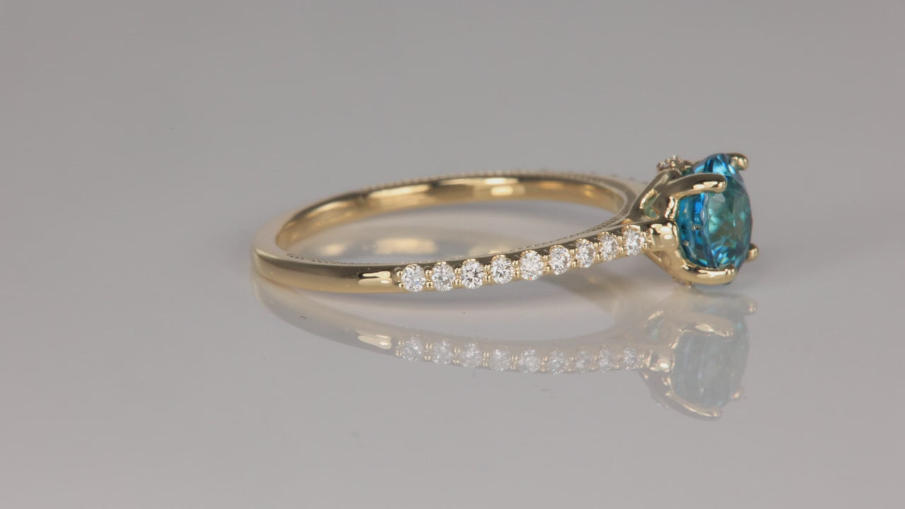 14K Yellow Round Blue Zircon and Diamond Ring 1.92 Carats