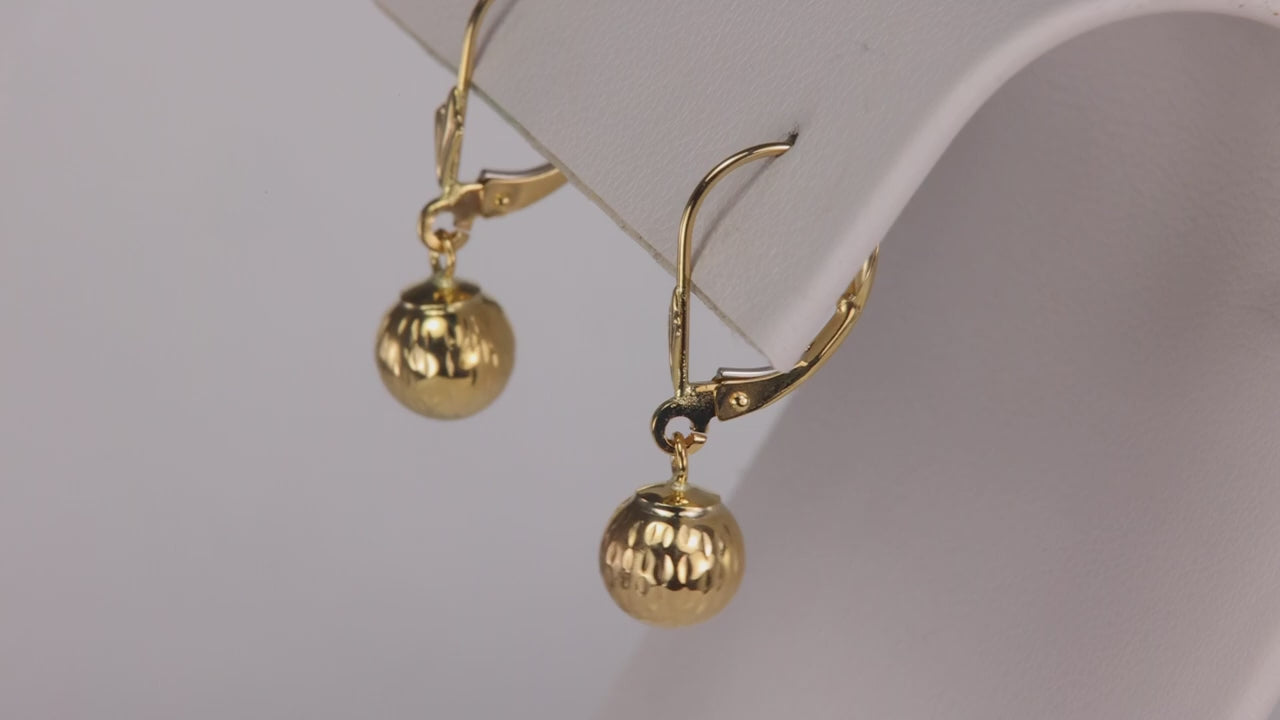 14K Yellow Gold Diamond Cut Ball Dangle Earrings