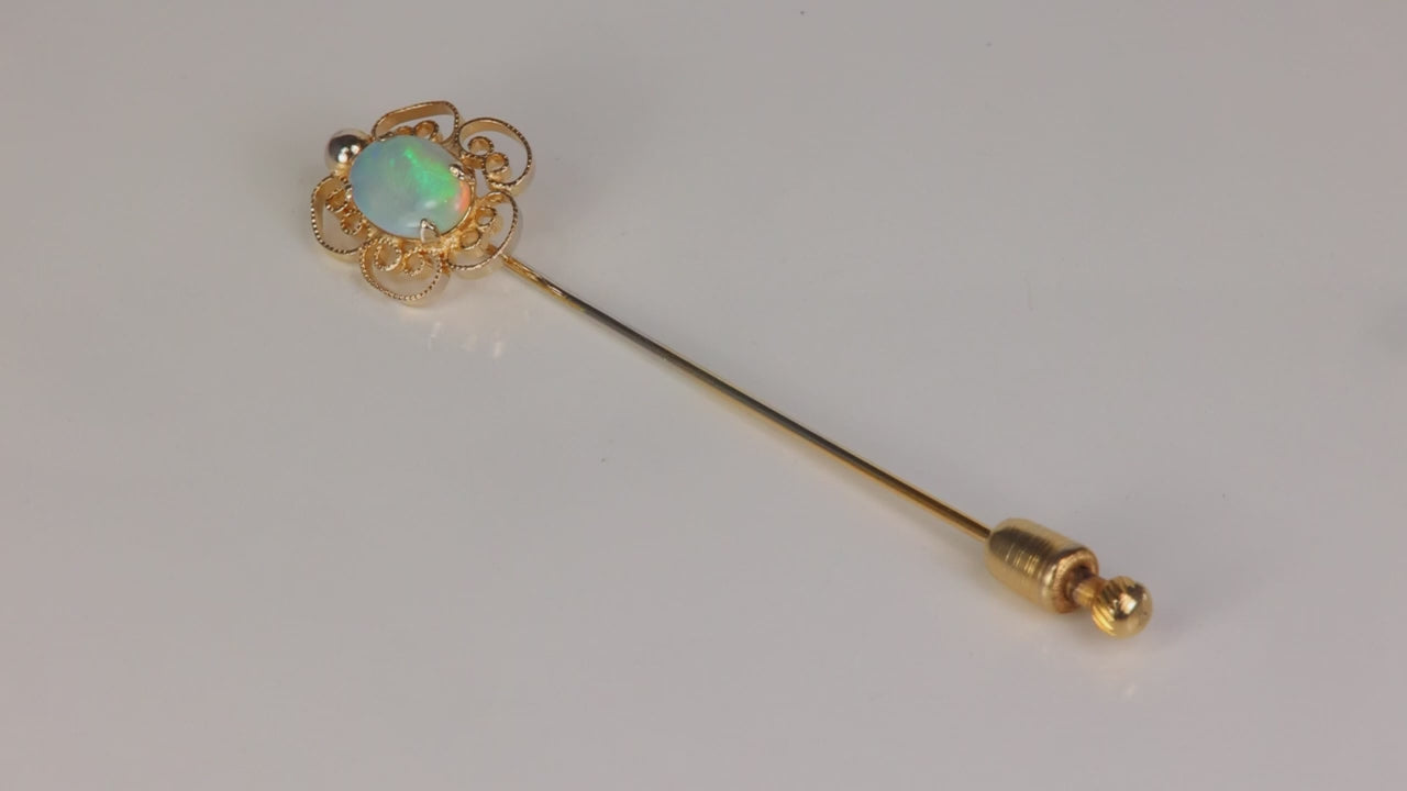 8K Yellow Gold Scroll and Bead Design Stick Pin with Australian Opal