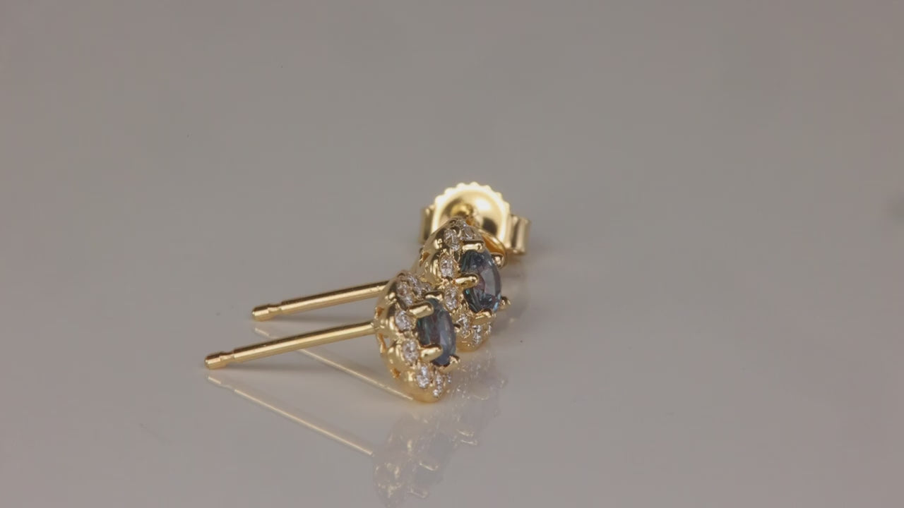 14K Yellow Gold Alexandrite And Diamond Halo Stud Earrings