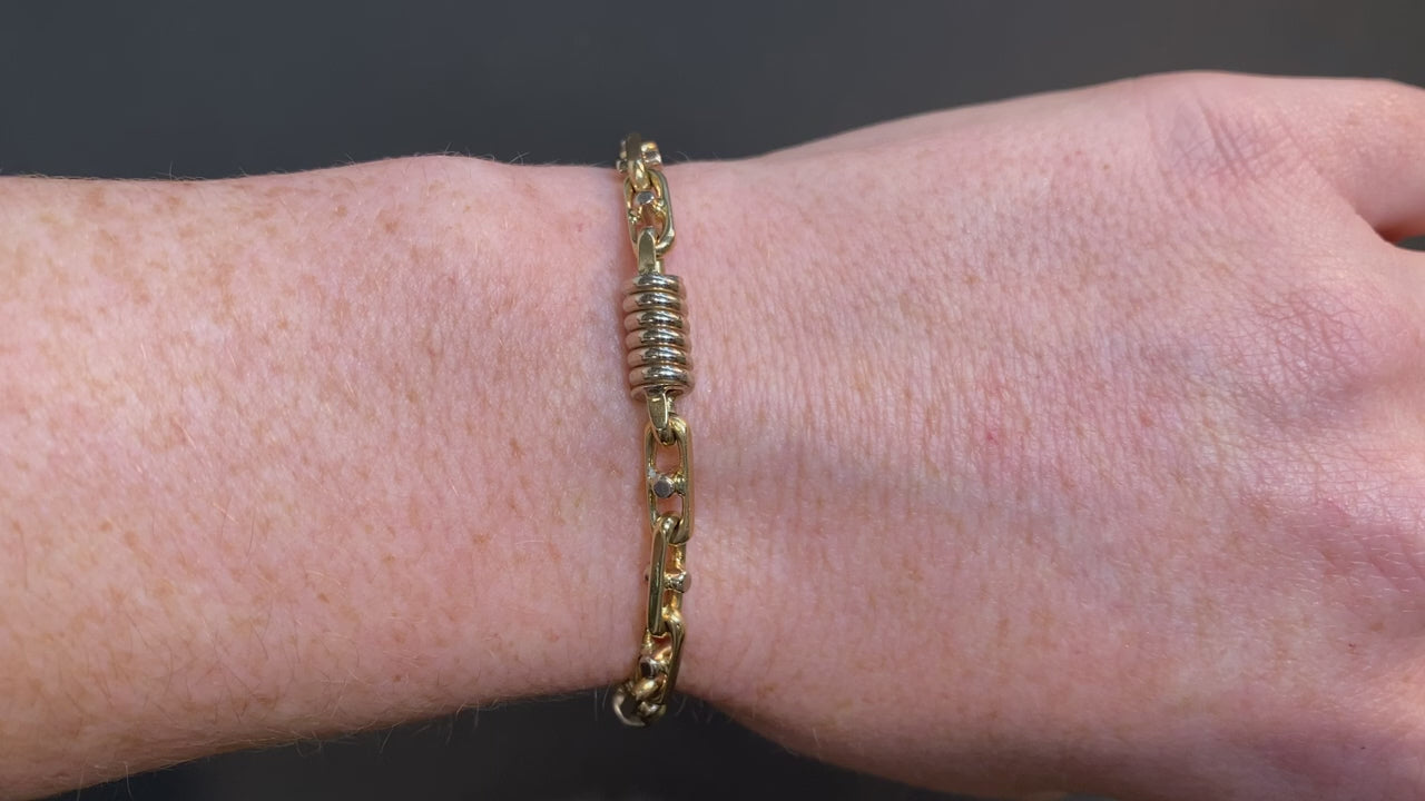 14K Two Tone Gold Spring and Chain Link Bracelet 9"