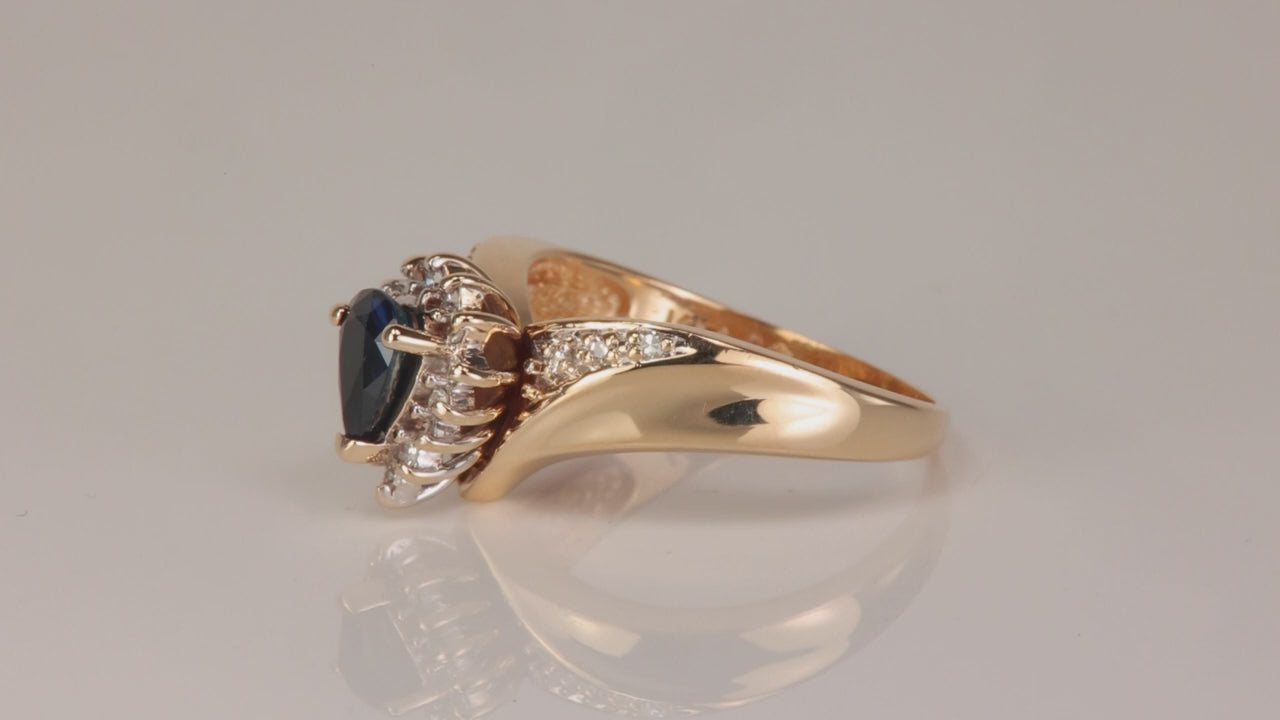14K Yellow Gold Pear Shape Sapphire and Diamond Ring 1ct