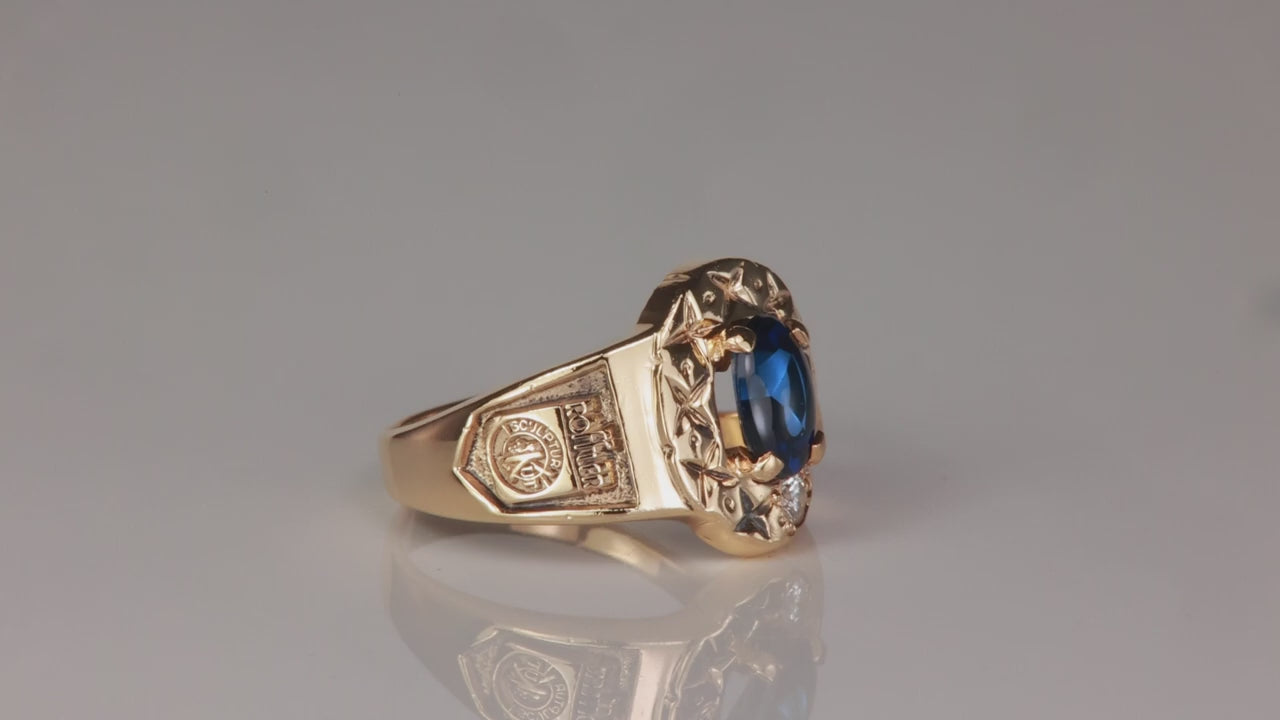 10K Yellow Gold Synthetic Sapphire and Fine Diamond Class Ring