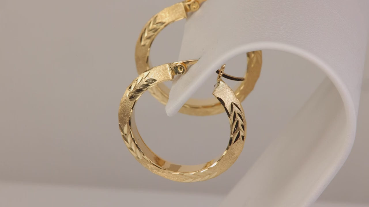14K Yellow Gold Textured Diamond Cut Hoop Earrings
