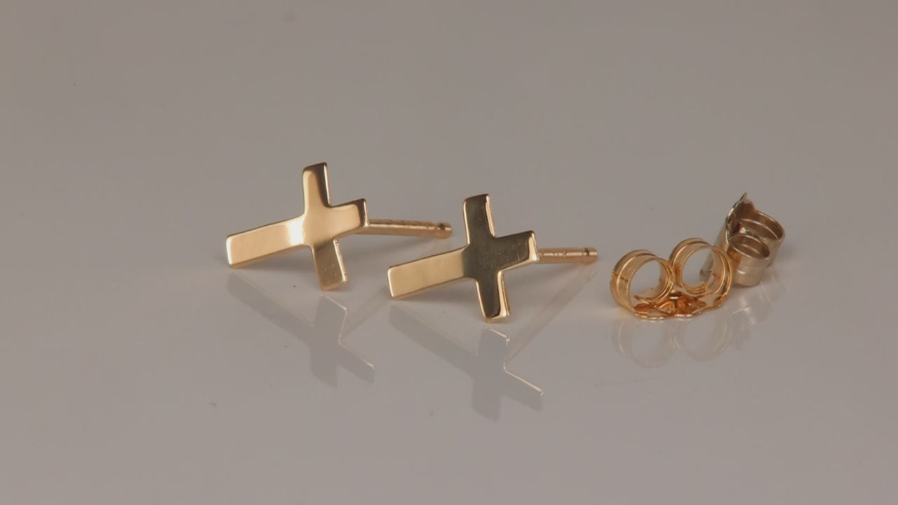 14K Yellow Gold Cross Stud Earrings