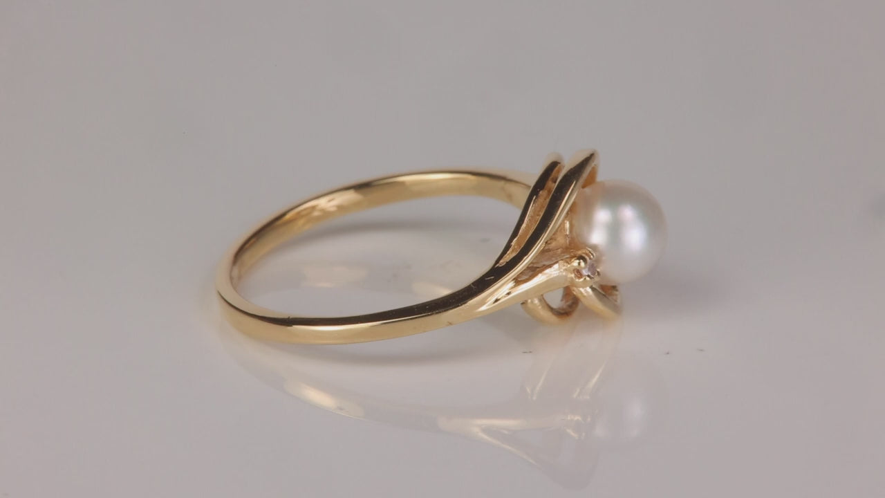 10K Yellow Gold Pearl and Diamond Accent Ring