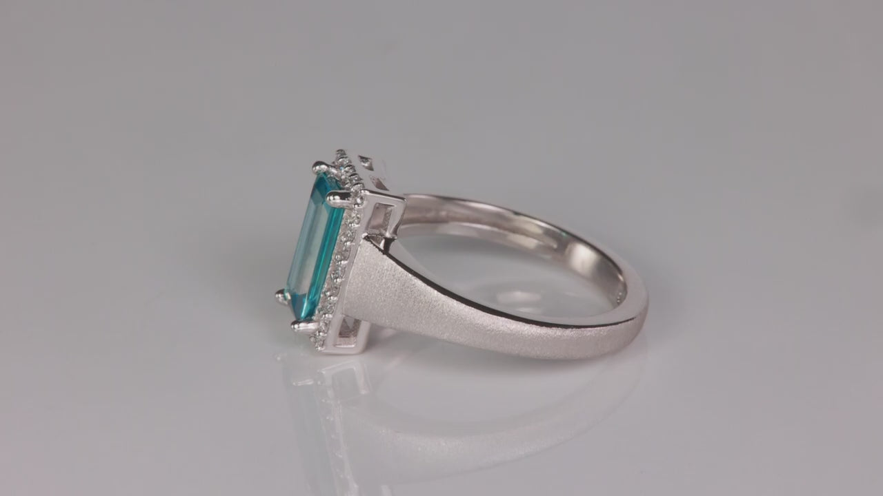 Platinum Stepped Rectangle Cut Blue Zircon And Diamond Ring 1.32 Carats