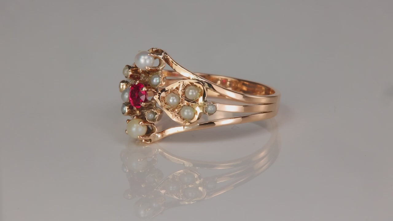14K Rose Gold Seed Pearl and Ruby Ring