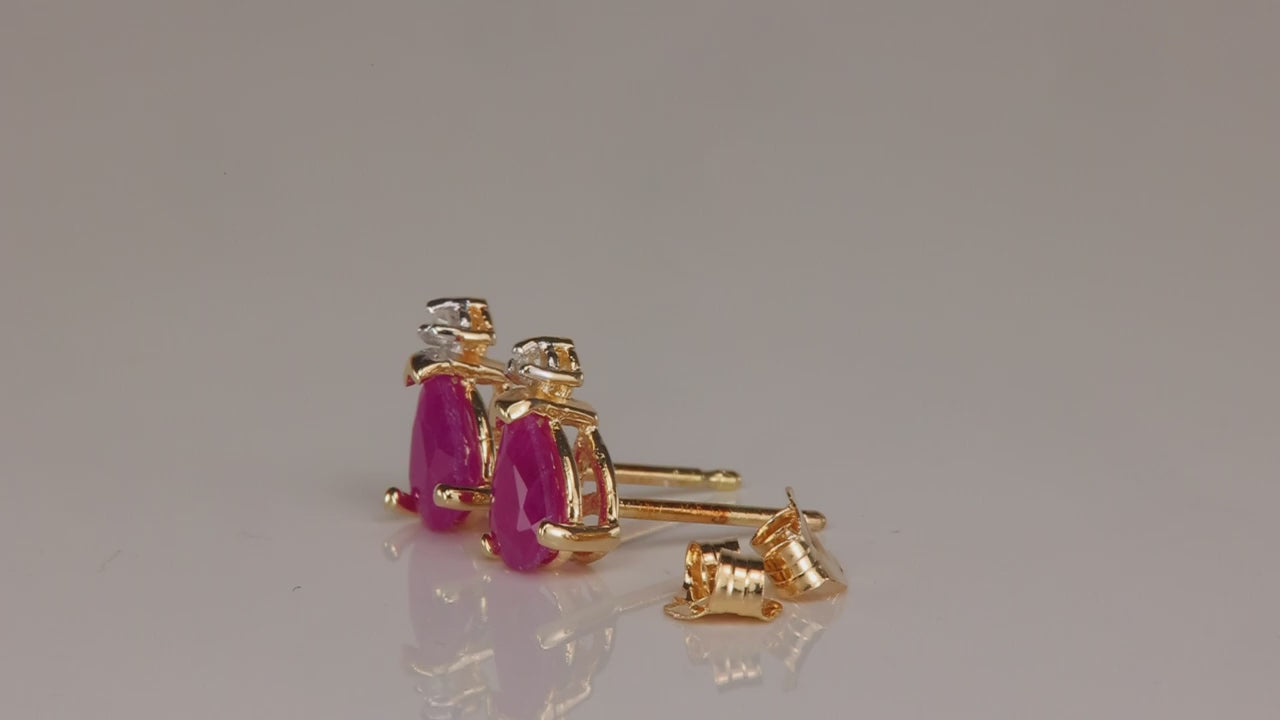 14K Yellow Gold Pear Shape Ruby and Diamond Accent Stud Earrings 1cts