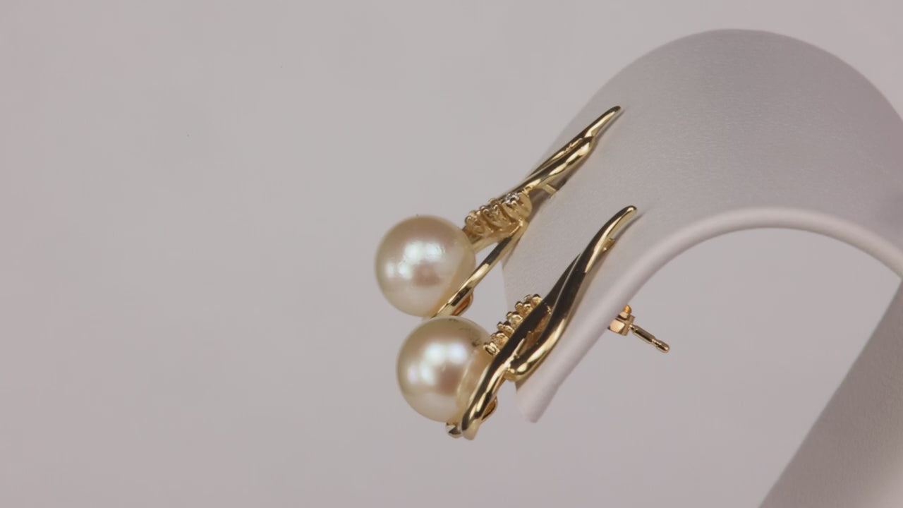 14K Yellow Gold Pearl and Diamond Accent Earrings