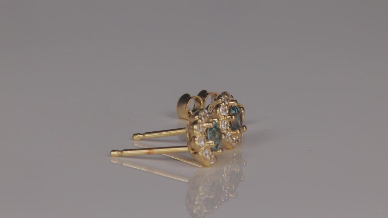 14K Yellow Gold Alexandrite And Diamond Halo Stud Earrings