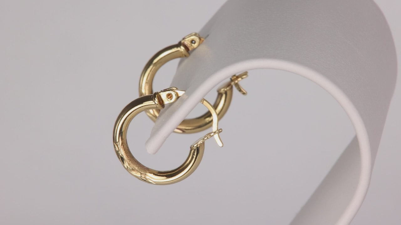 14K Yellow Gold Hoop Earrings With Diamond Cut Design
