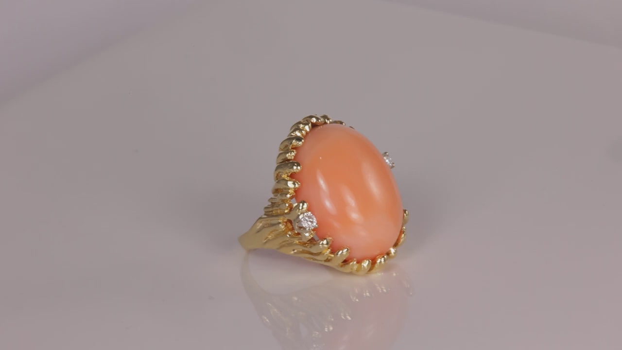 14K Yellow Gold Coral and Diamond Ring