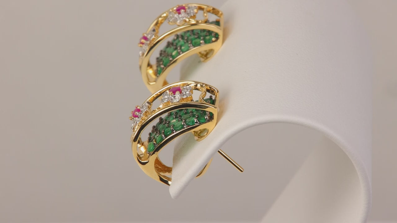 14K Yellow Gold Emerald, Ruby, and Diamond Accented Earrings