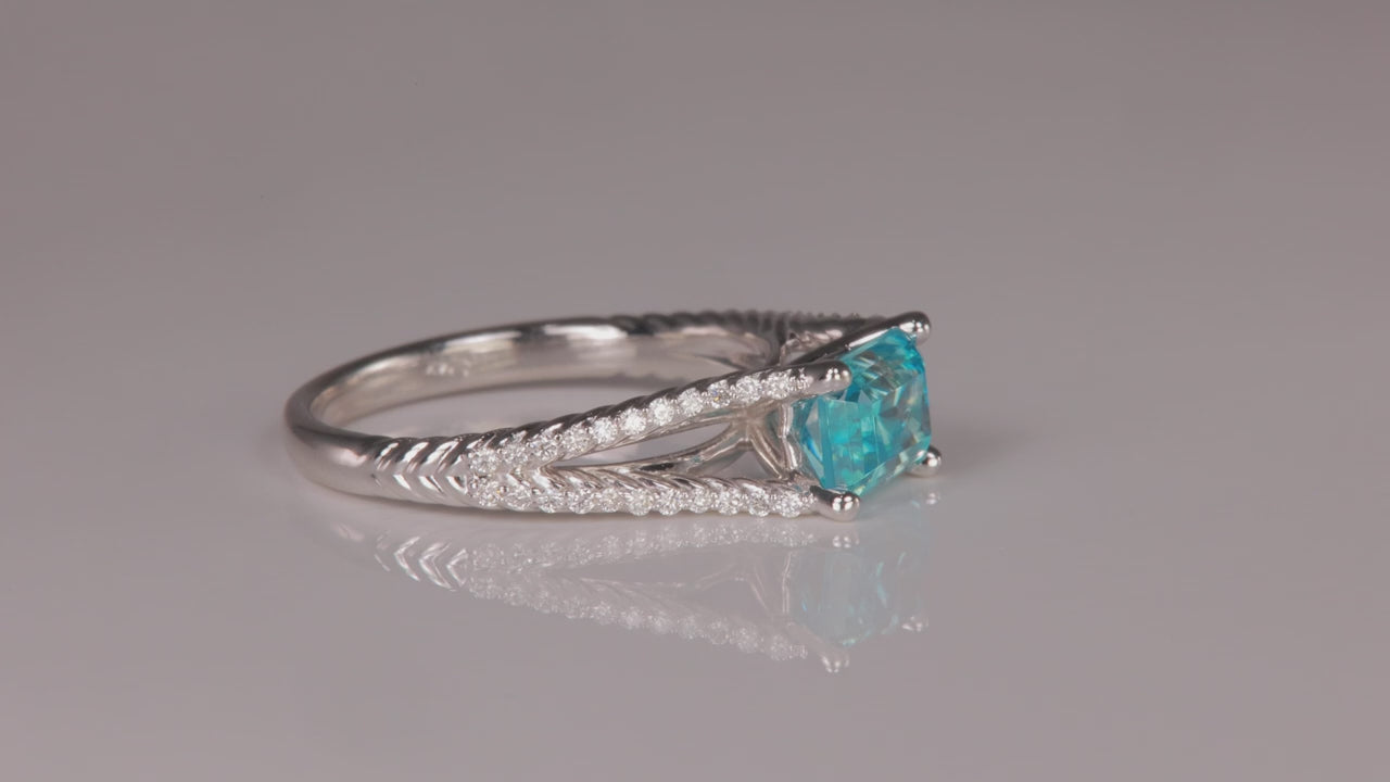 14K White Gold Barion Emerald Cut Blue Zircon and Diamond Ring 2.20 Carats