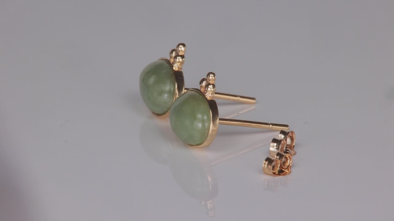 14K Yellow Gold Oval Cabochon Jade Stud Earrings