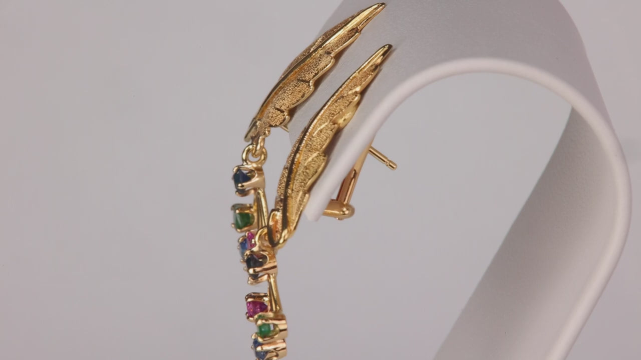 14K Yellow Gold Leaf Earrings With Gemstone Drops