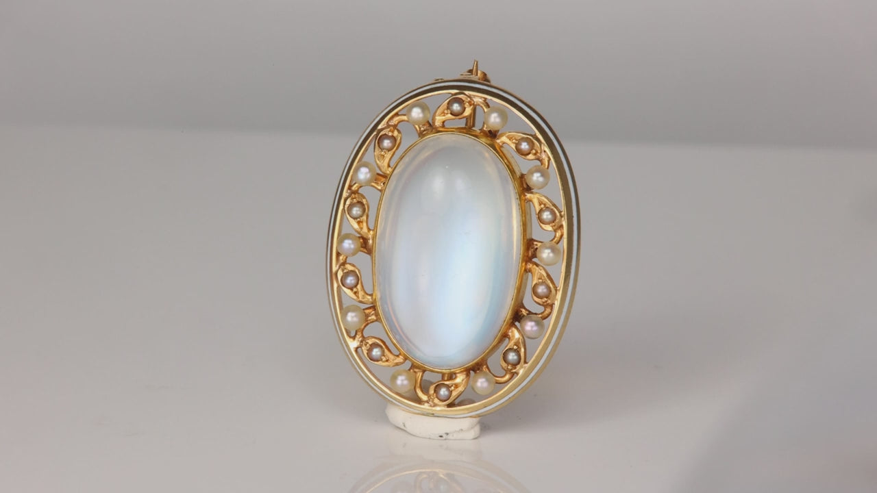 14K Yellow Gold Moonstone Pin with Pearls 12cts