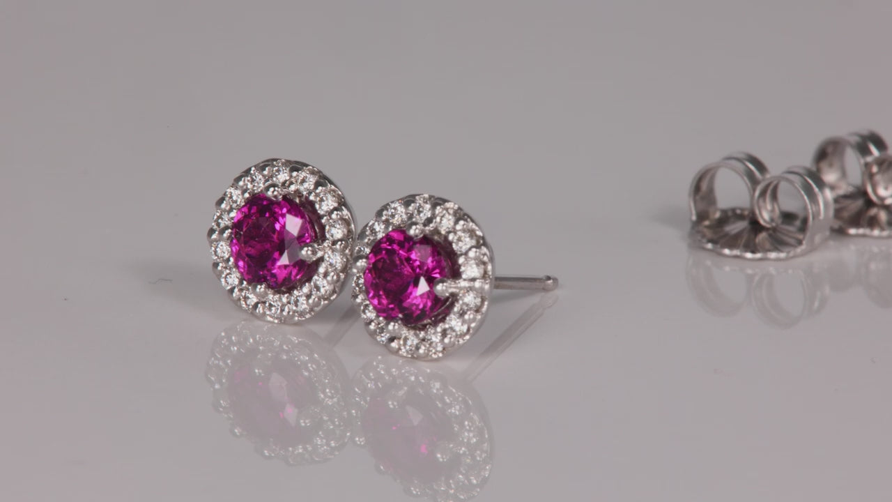 14k White Gold Purple Garnet with Diamond Halo Stud Earrings 1.03cts