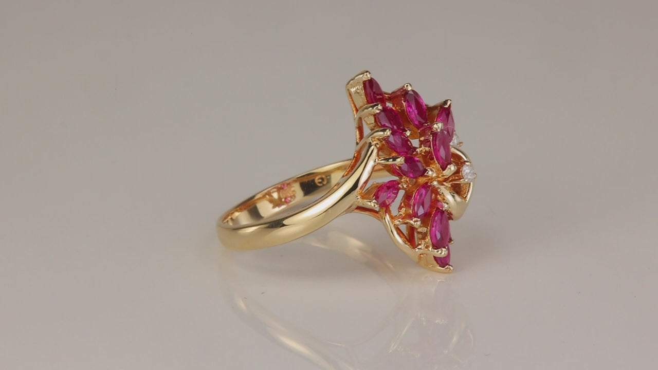 14K Yellow Gold Ruby and Diamond Cluster Ring 1ct