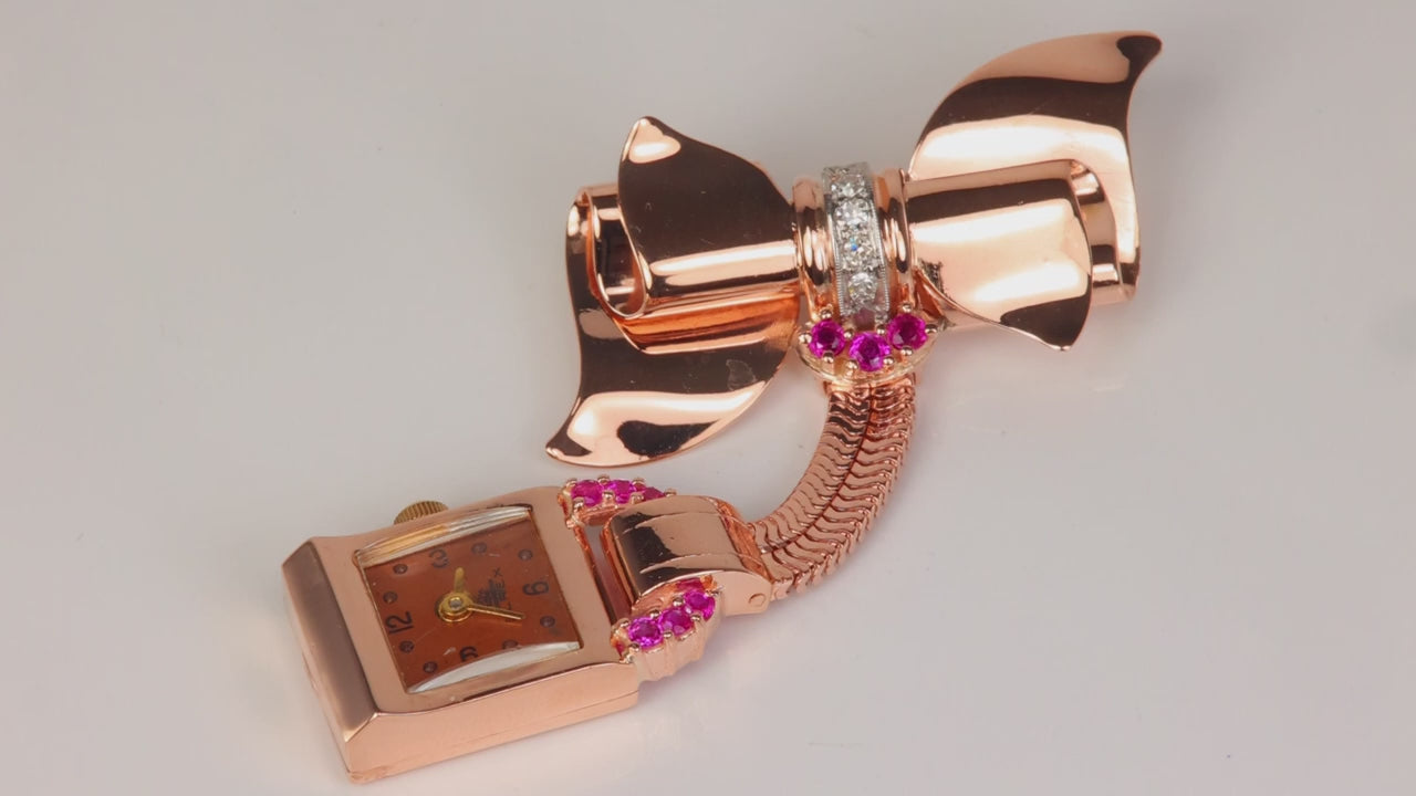 14K Rose Gold Ruby and Diamond Elrex Watch Pin