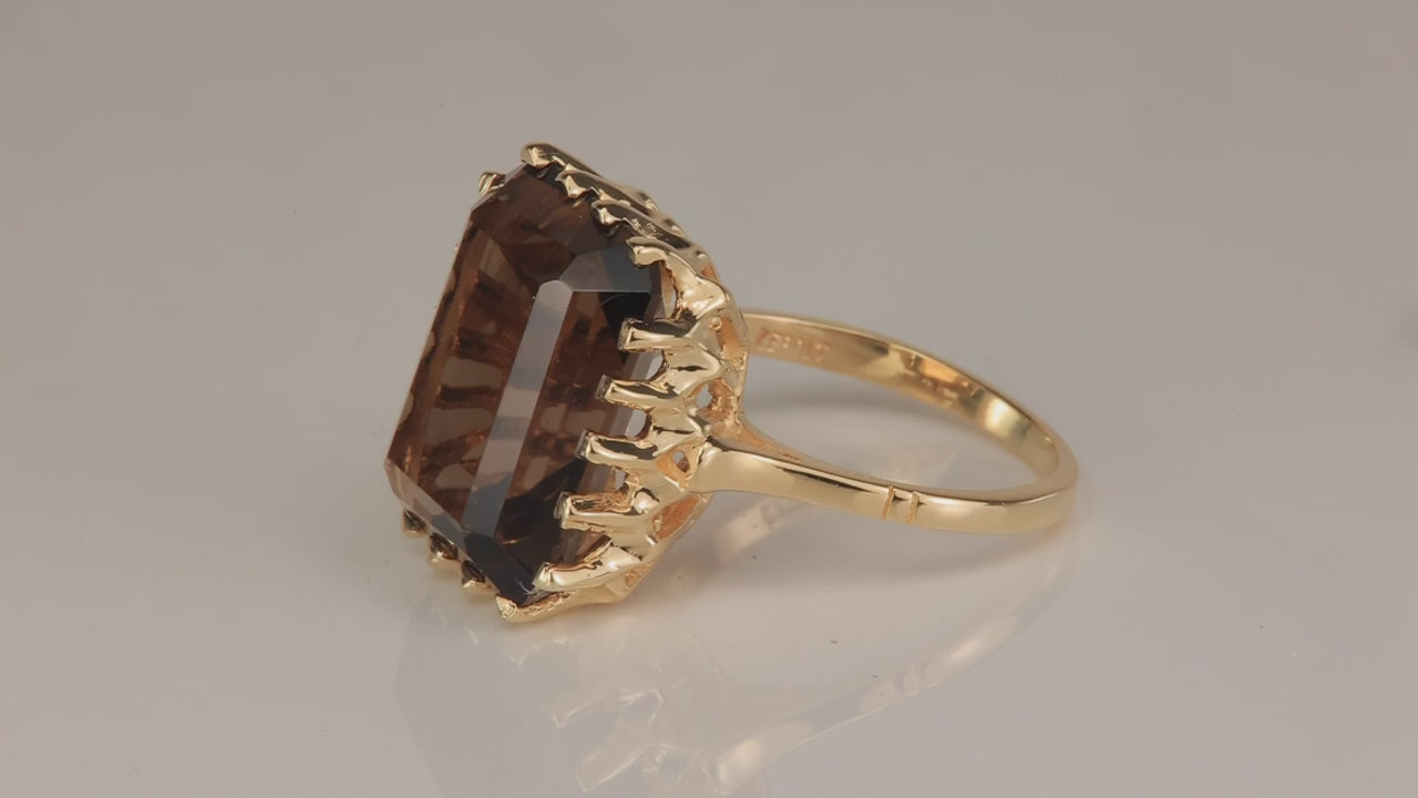 14K Yellow Gold Emerald Cut Smoky Quartz Ring 11cts